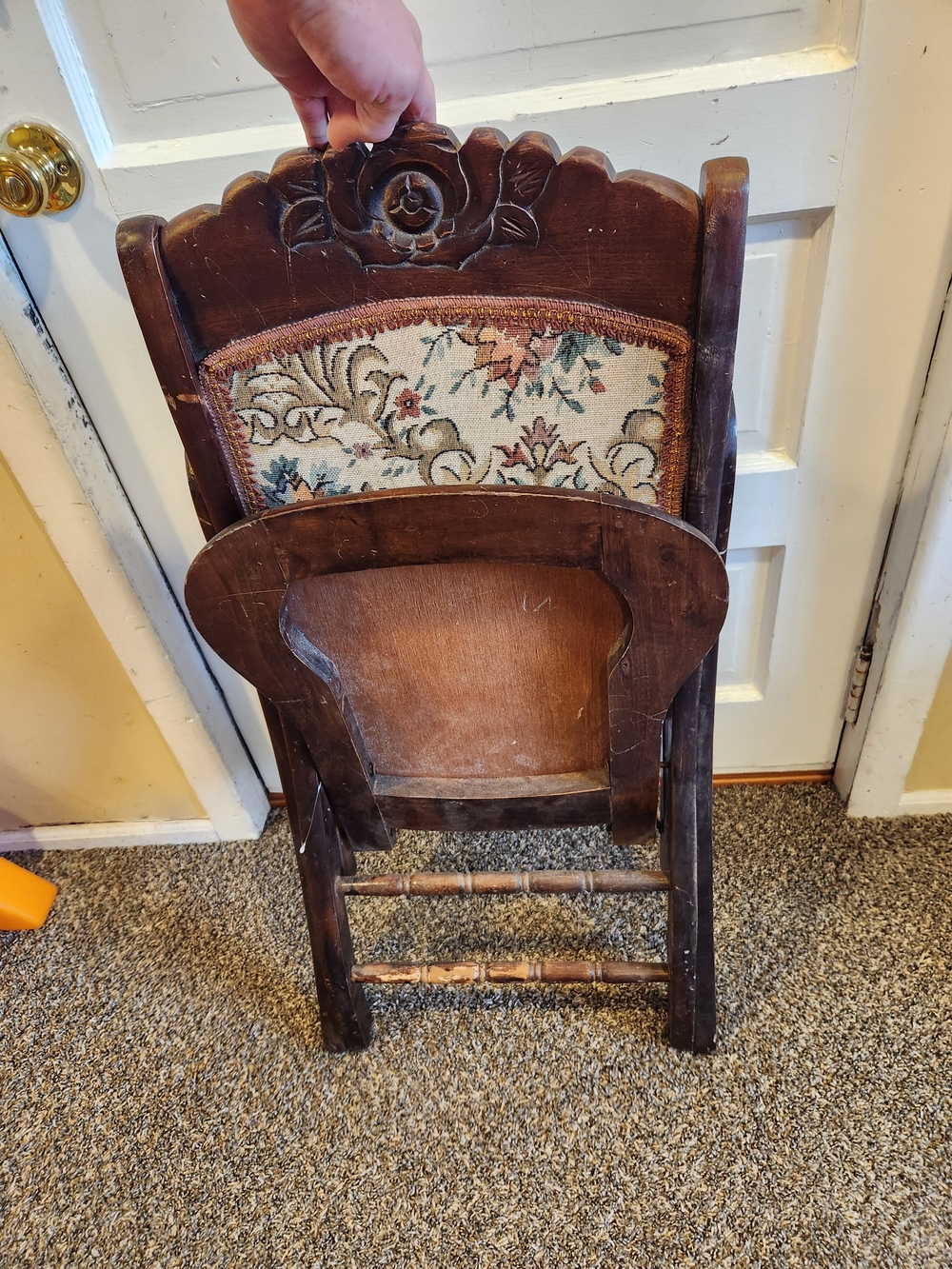 Antique Floral Upholstered Wooden Folding Rocking Chair - Brown - Picture 12 of 12
